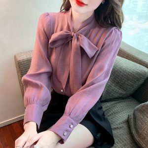 High-end bow chiffon long-sleeved shirt women’s autumn new versatile western style shirt autumn top